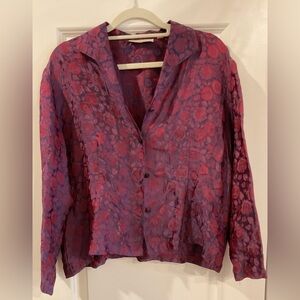 Vintage 90’s 100% Silk Iridescent Burgundy Blue Floral Button Down Shirt
